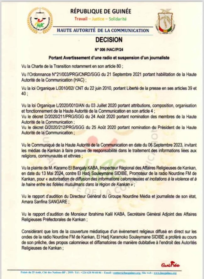 Kankan: la Hac adresse un avertissement à une radio appartenant à un homme religieux et suspend son DG