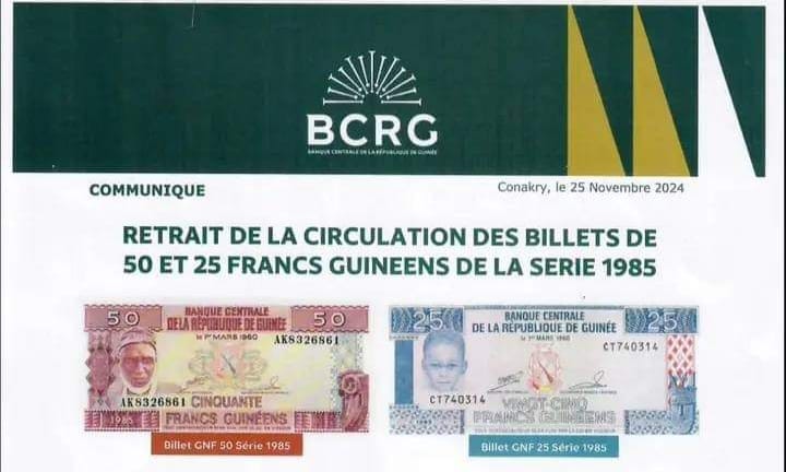 Guinée : La BCRG annonce le retrait des billets de 50 et 25 GNF de la série 1985