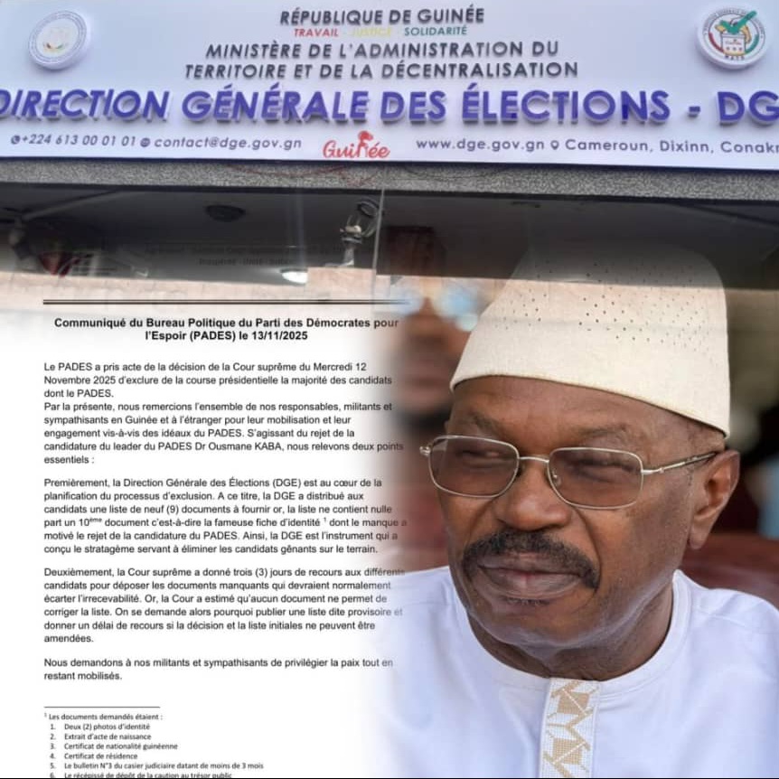 Présidentielle 2025 : le PADES accuse la DGE d’avoir orchestré l’exclusion de Dr Ousmane Kaba Présidentielle 2025 : le PADES accuse la DGE d’avoir orchestré l’exclusion de Dr Ousmane Kaba